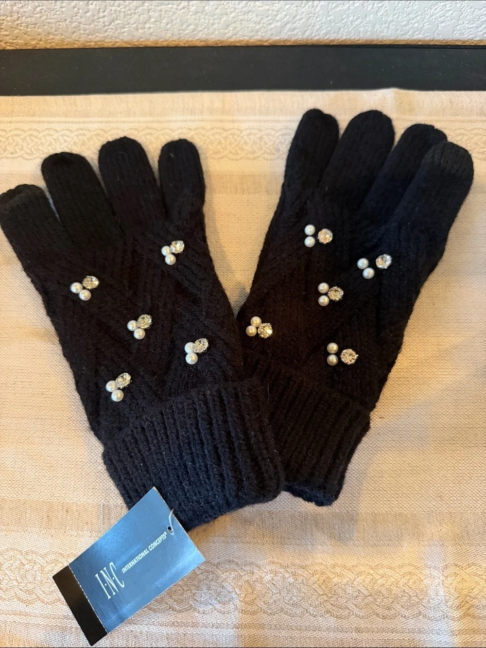 INC Black Knit Pearl Crystal Gloves